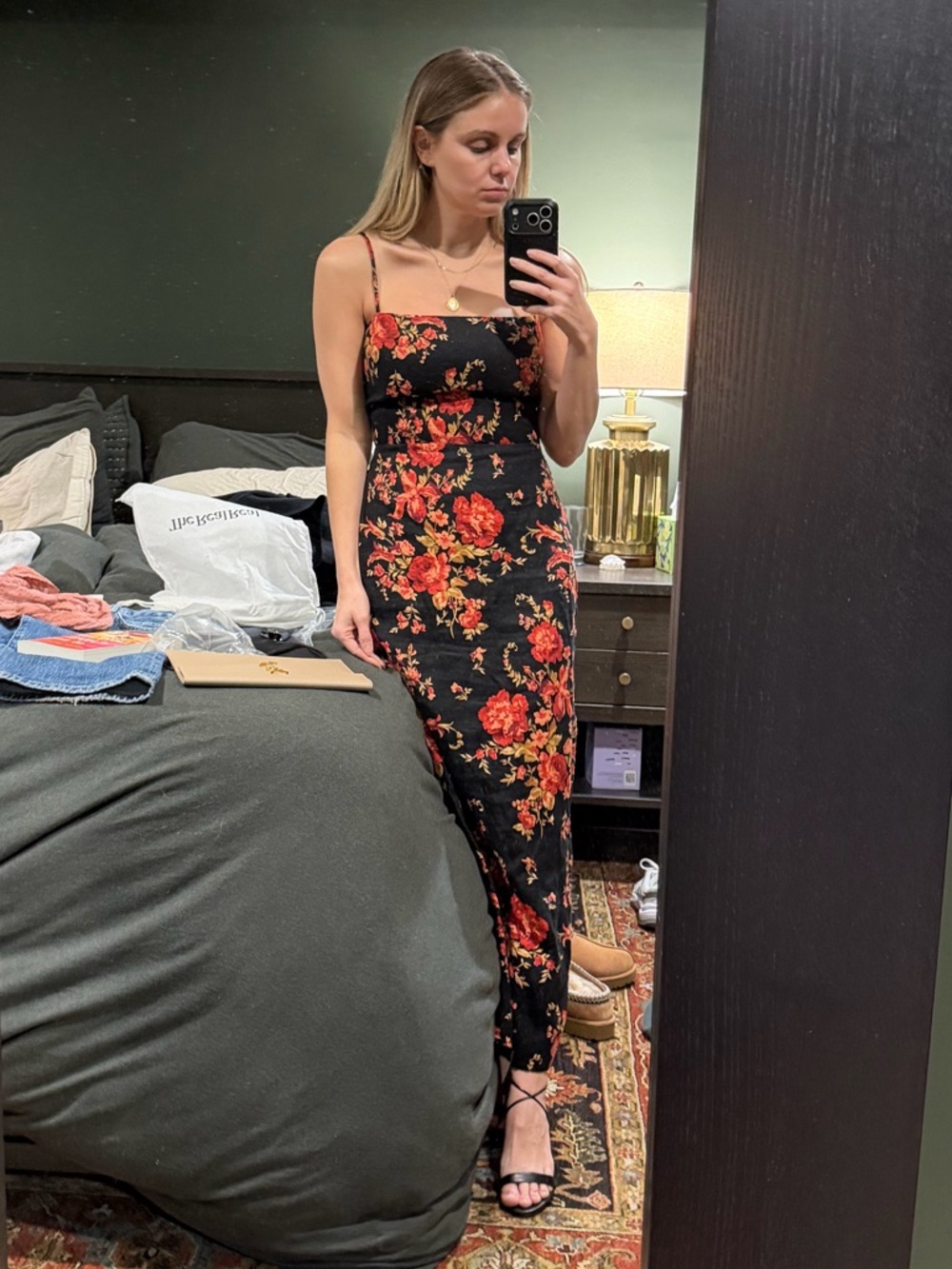 Reformation Black Midi Slip Dress with Red Floral Print - Linen